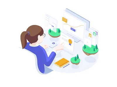 MySkillCamp Illustration app character chat computer desk device island stat three whiteboard