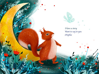 Heard... animal butterfly flower grass green illustration moon orange squirrel story