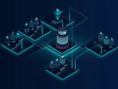 Workflow building city color hologram illustration input isometric light machine output process vector