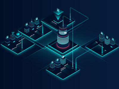 Workflow building city color hologram illustration input isometric light machine output process vector