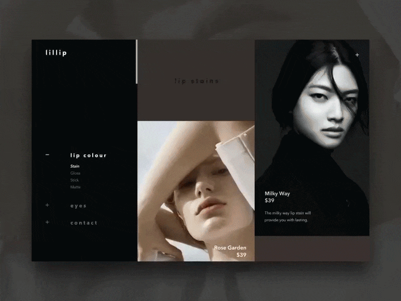 Lillip Cosmetics Products Page Animation animation dark ui e commerce gif makeup motion product shop ui ux web design