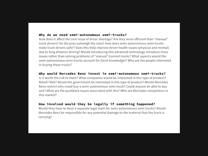 Questions, Questions, Questions - Self Driving Semi-Trucks design process golden questions questions user interviews user research ux research