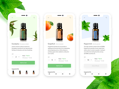 Essential Oils app cart ecommerce light mobile mobile app oils ui