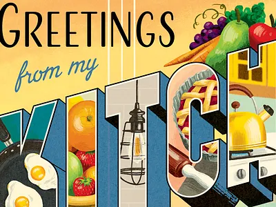 Greetings from my Kitchen food illustration kitchen postcard retro vintage