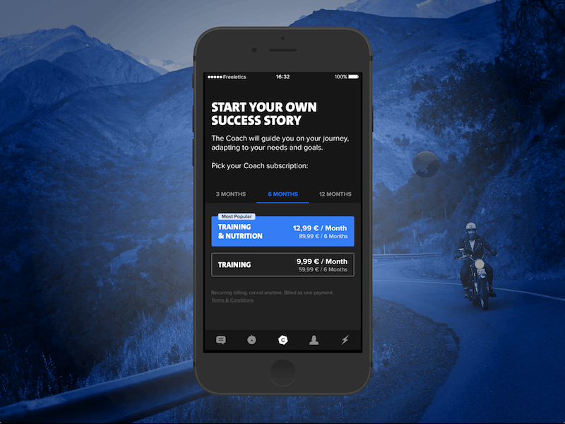 Subscription UI app bodyweight coach fitness framer framerjs freeletics prototype subscription training