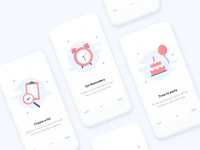 Party time alarm app clock flat illustration mobile onboarding party ui