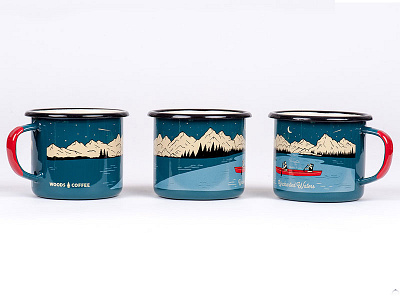 Open Waters camp mug canoe coffee cup enamel illustration mountains mug tin woods coffee