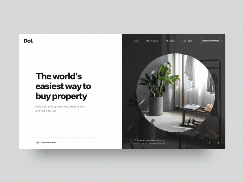 Dot Landing Page Transitions animation black circle flat homepage landing page split transition type ui white