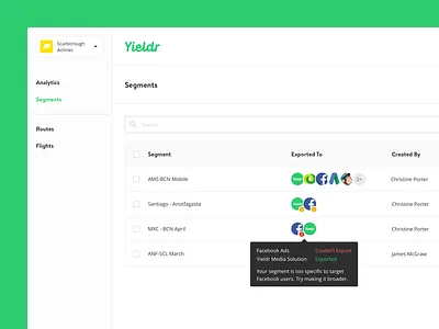 Segments Table audience data error export integration pending segment table yieldr