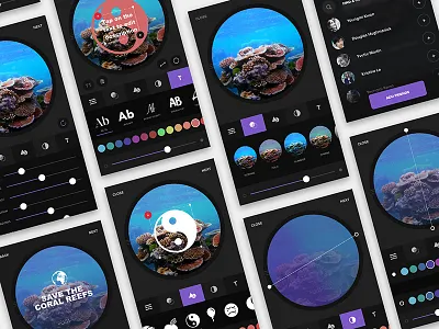 App Create Flow add text to image app create flow dark ui image filters image gradient ios android social share app user interface ux flow