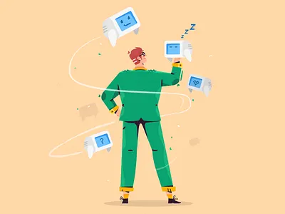 Flying CRT Creatures businessman character computer emotions flat flying grain infographic man robot vector