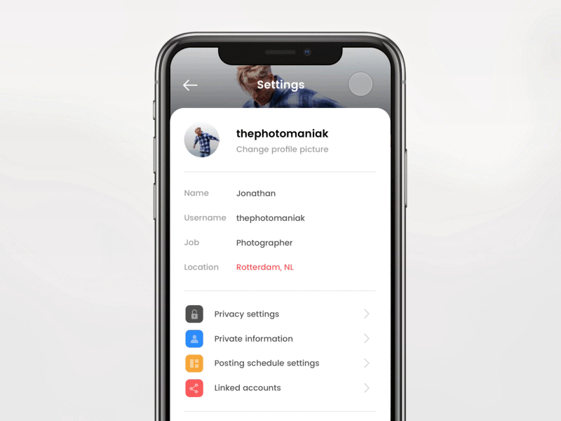 Profile Settings 007 challenge design challenge gif interface photography settings ui url user profile