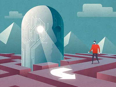 Maze - infographic element arrow character cloud design flat gradient illustration magazine man pyramid sky vector