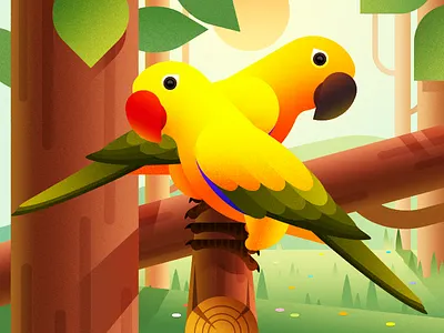 Parrot Illustration Design animal birches bird color flowers forest illustration love parrot pet trees woods