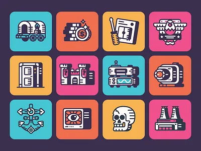 Icon Set anchor camera castle eagle frequency icon ikea illustration line art retro skull wagon