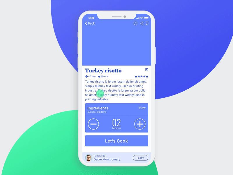 Ingredients page interactions animation app ingredients interactions iphone x mindinventory mobile app prototype recipe app recipe detail uxui design wire frame
