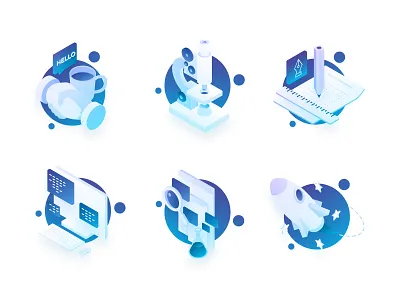 Process illustrations design development icons isometric launch meeting process research rocket search testing web