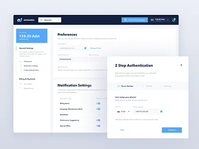 Adshares Settings & Authentication ads adshares advertising authentication blockchain campaigns dashboard ethereum settings step