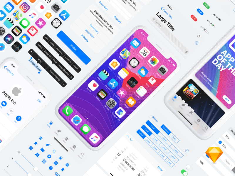iOS 11 UI Kit by Design+Code animated dark designcode gif ios iphonex light sketch ui uikit