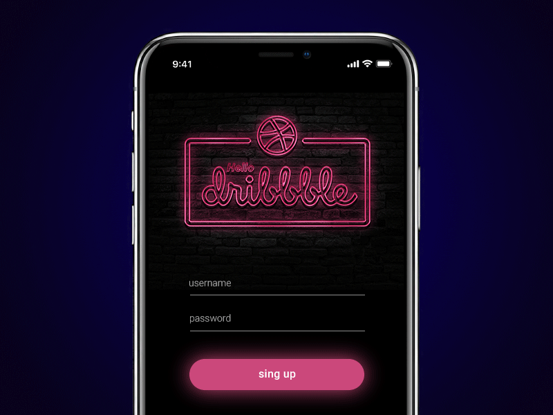 Hello Dribbble! animation app hello dribble in neon sign ui