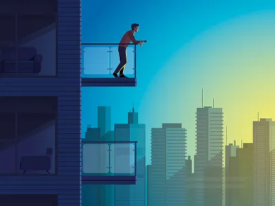 Sunrise character cityscape digital editorial illustration morning sky sunrise vector
