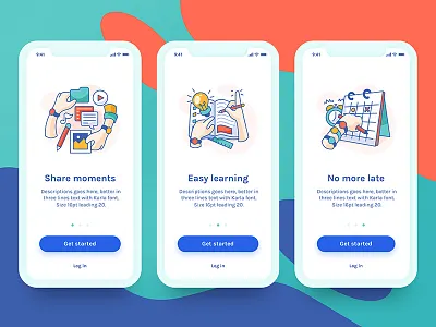 Share, Learn, No more late app icons illustration learning on boarding schedule share ui ux