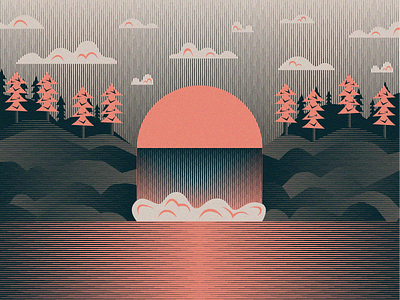 Waterfall camp cloud geometric hike illustration outdoors summer sun sunset tree waterfall