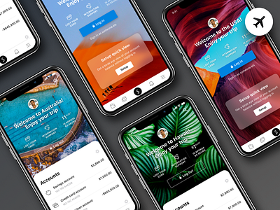 Travel Mode - Banking mobile app accounts android bank home imagery interface ios log in mobile plants ui