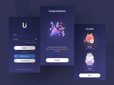 UniCoin onboarding app character dark illustration onboarding ui ux