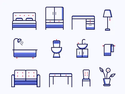 Furniture Store Icon set bath bathroom bed bedroom chair furniture icons illustration livingroom sofa table toilet