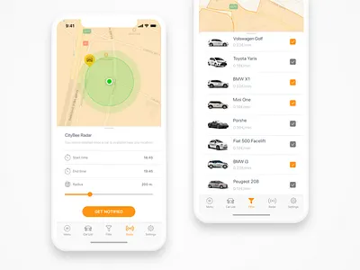 Citybee Car Sharing Radar & Filters Screen car list car radar car sharing cars citybee filters ios ios app iphone x map map list sharing