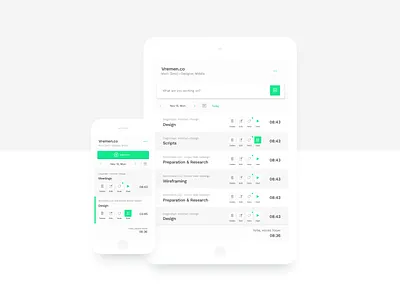 Vremen.co — Time Tracking Tool: Mobile/Tablet design flat green light pink product time tracking typography ui ux white