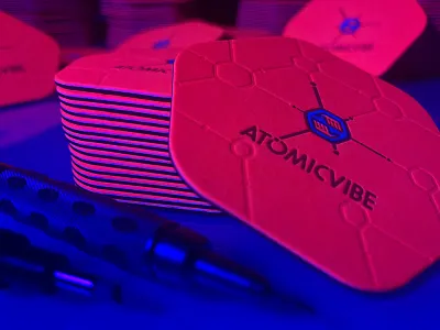 atomicvibe business cards - REDESIGN! atomic bright business card die cut fluorescent hexagon letterpress pattern retro scientific