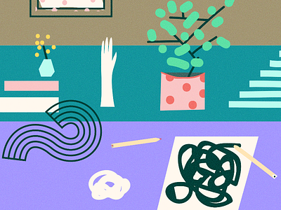 the scene at the desk art books desk drawing painting plant working