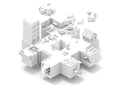 Slack Town Albino city isometric magicavoxel pixelart voxel white