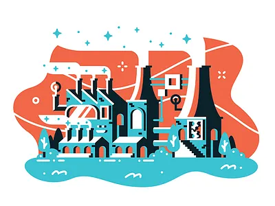 GumGum Inc Factory castle computer environment factory geometric green industrial magical san diego stars tech