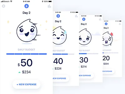 iOS app - Daily Budget Main Screen app budget cards clean diary emojis illustration ios mobile moods simple