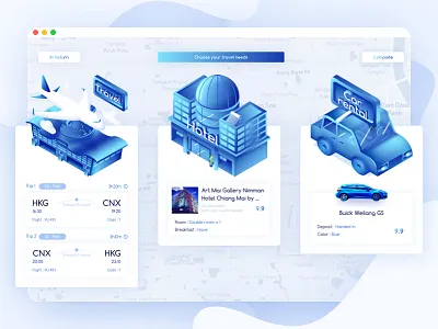 Travel planning interface 2.5d aircraft blue car clean hotel illustration landing map page relax travel