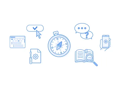 Faq Header Illustration book browser button chat bubble cog compass faq header icons illustration outline screwdriver