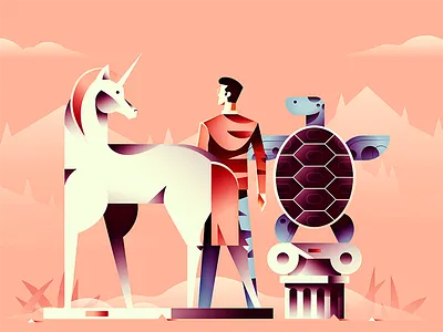 SaaS Podcast Cover character cover design gradient illustration landscape minimal retro statue turtle unicorn vector