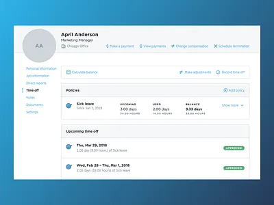 Paid time off accordion approve balance cards collapse expandable cards paid time off upcoming time off