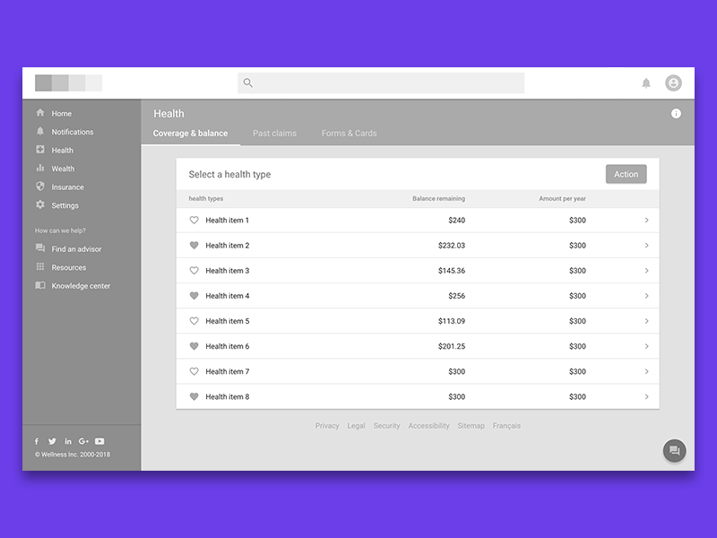 Dashboard app wireframe