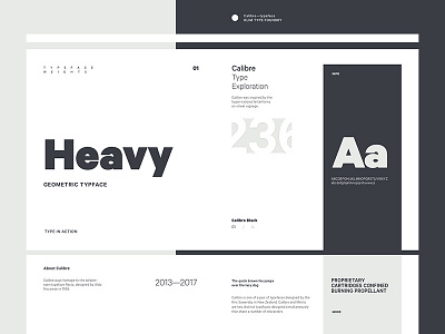 Calibre Specimen black grey layout minimal specimen type typography white