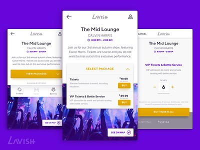 Luxury Entertainment App — Lavish (pt. 2) branding checkout ecommerce entertainment mobile app ticketing ui design user interface