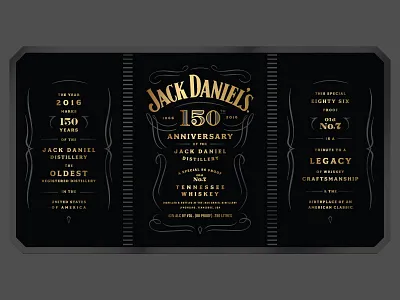 Jack Daniels 150th Anniversary (Full Label) bottle embellishment filigree gold jack daniels label lockup premium spirits tennessee type whiskey