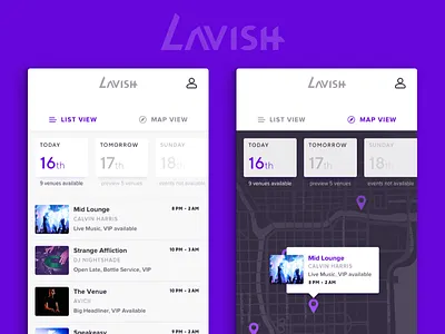 Luxury Entertainment App — Lavish branding calendar ecommerce entertainment list view map map view mobile app ticketing ui design user interface