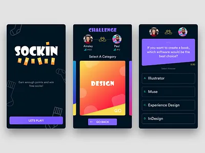 Sockin adobe xd challenge colorful dark ui friends fun games play socks trivia ui ux design