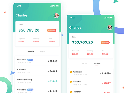 Cashback app bank color design iphonex job mobile ui withdraw
