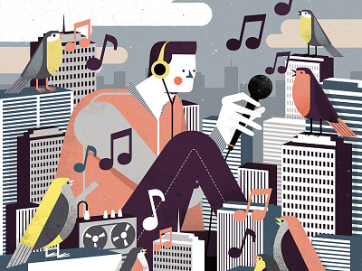 Birding birds buildings character city conceptual digital editorial illustration music