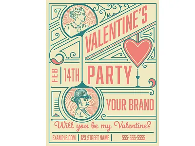Free Template for Valentine's Party adobe flyer free man party retro template valentines vintage woman